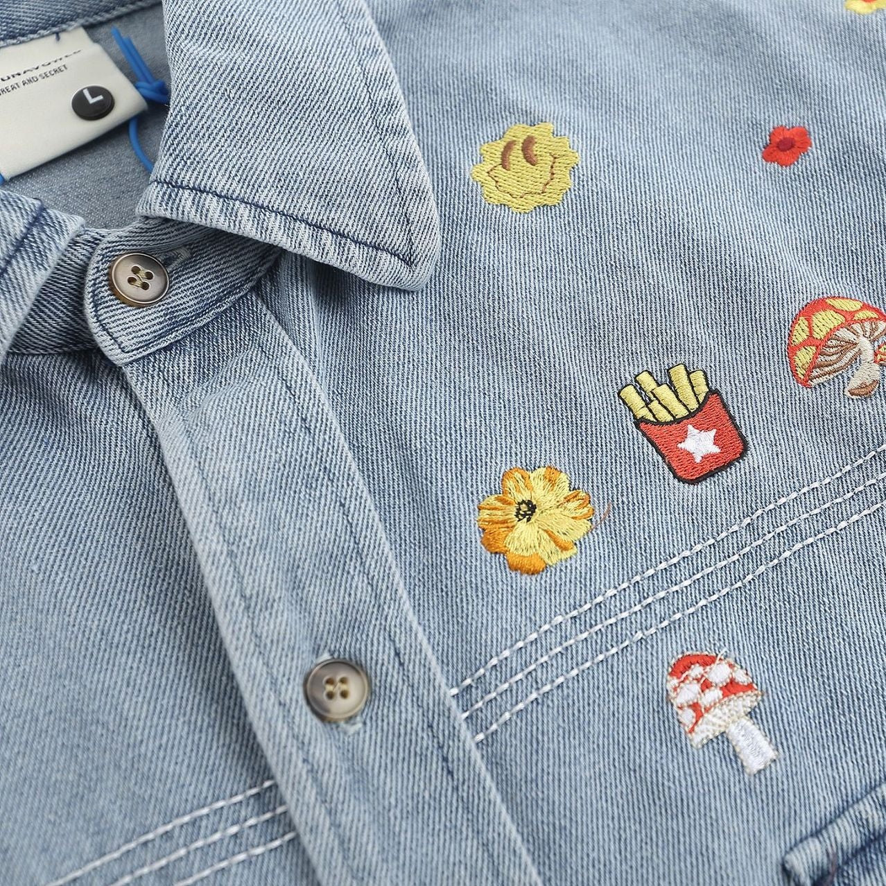 Distressed wash embroidered retro denim short sleeve shirt