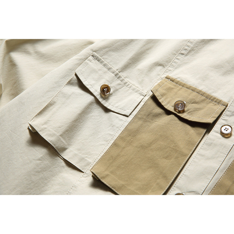 Fashionable color matching multi-pocket long-sleeved shirt