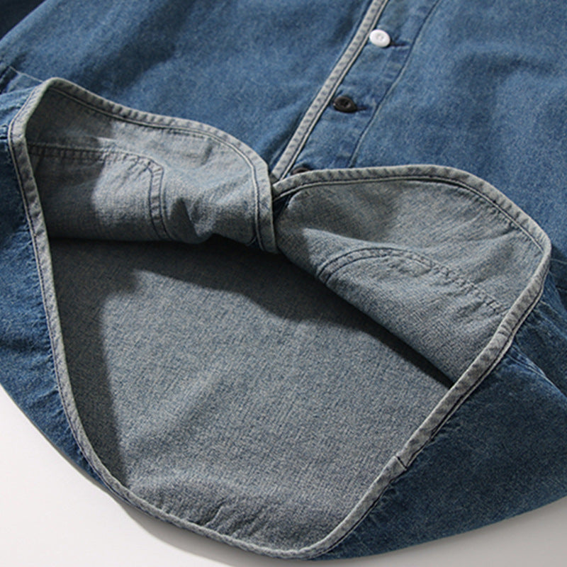 Color-coordinated button collarless denim jacket