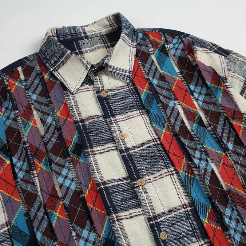 Reconstructed two-piece vintage check pattern combination shirt