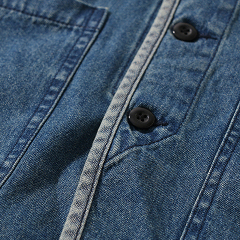 Color-coordinated button collarless denim jacket
