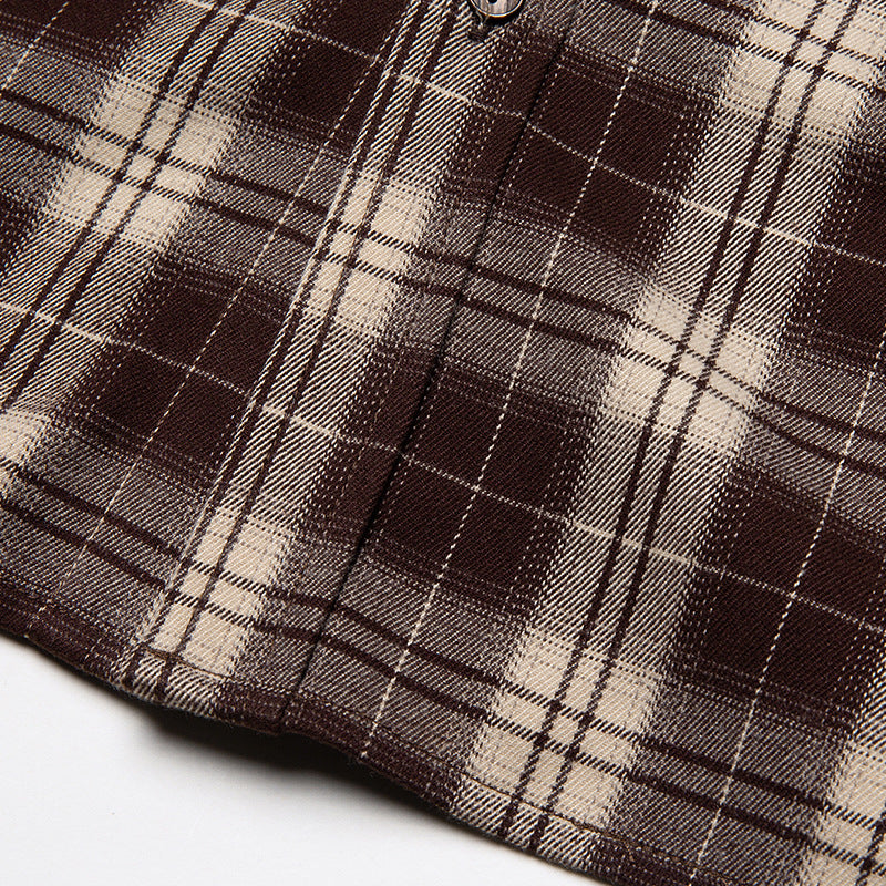Check and plain long-sleeved shirt