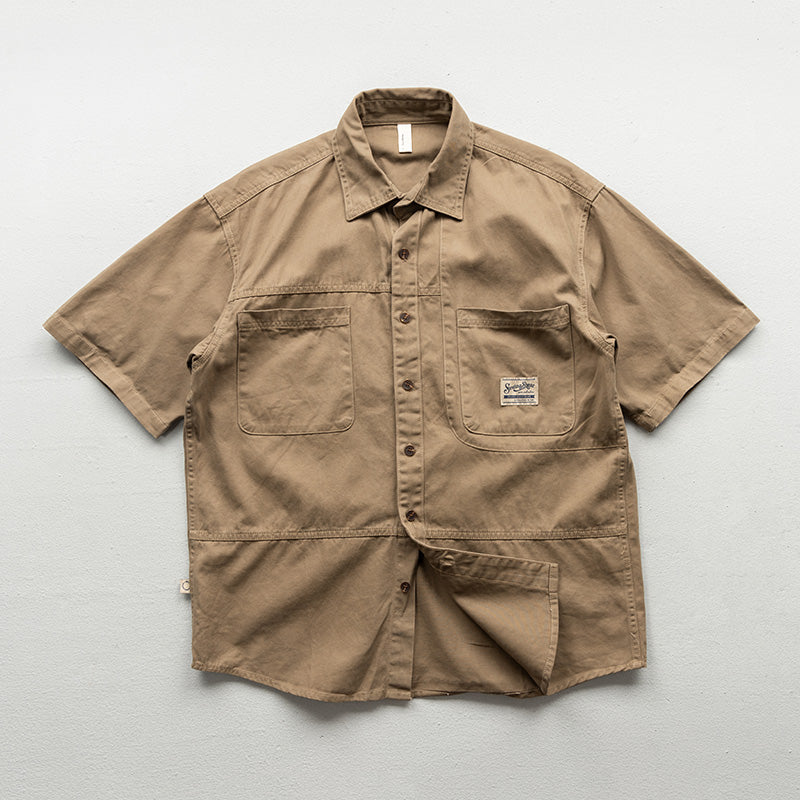 Multi-pocket classic plain work short-sleeved shirt