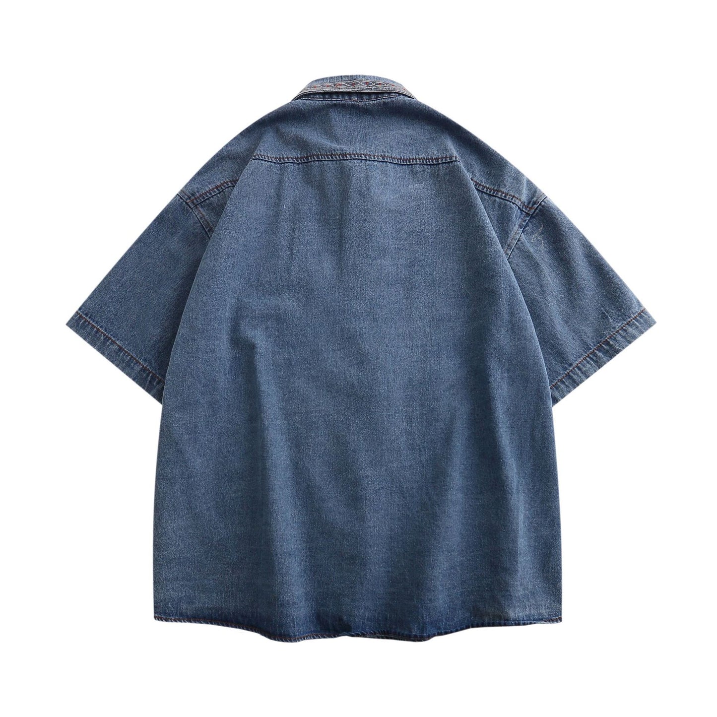 Palm tree embroidered retro denim short sleeve shirt