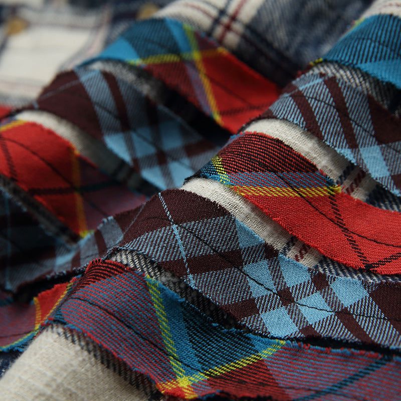 Reconstructed two-piece vintage check pattern combination shirt