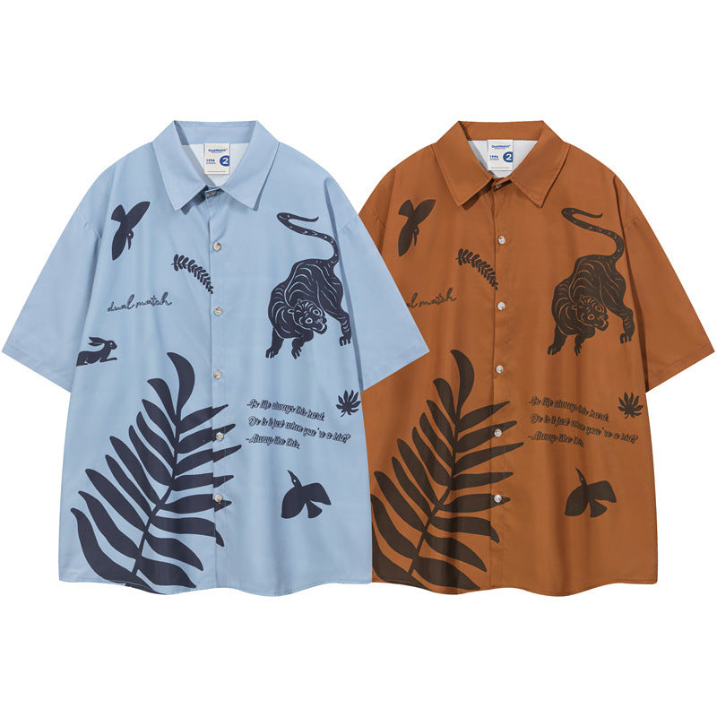 Animal and plant print short-sleeved shirt