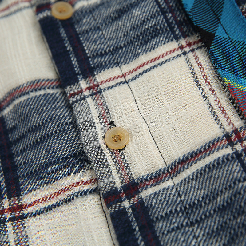 Reconstructed two-piece vintage check pattern combination shirt