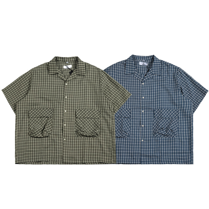 Classic Cuban check pattern work short-sleeved shirt