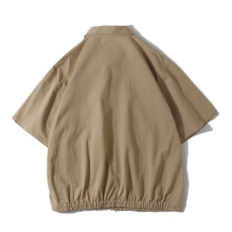 Retro plain large pocket work short sleeve shirt