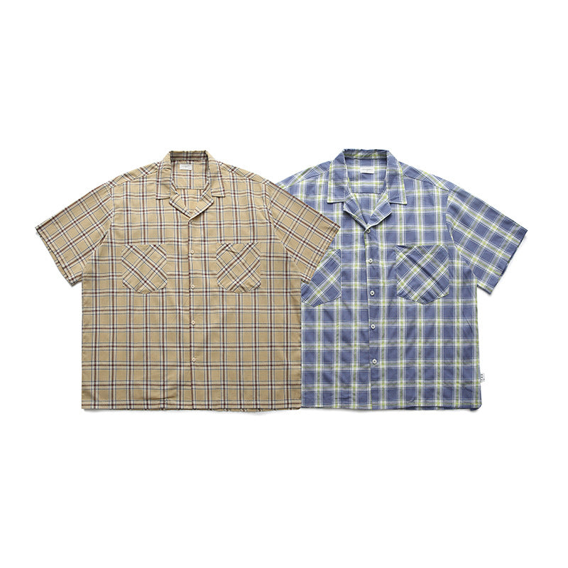 Classic checkered fold-over neck short-sleeved shirt
