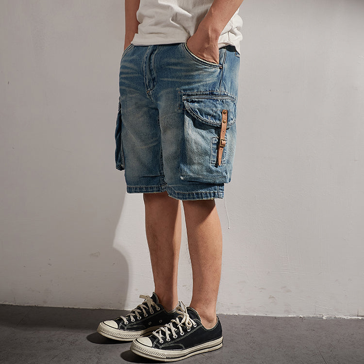 1970s washed denim shorts with leather buckle