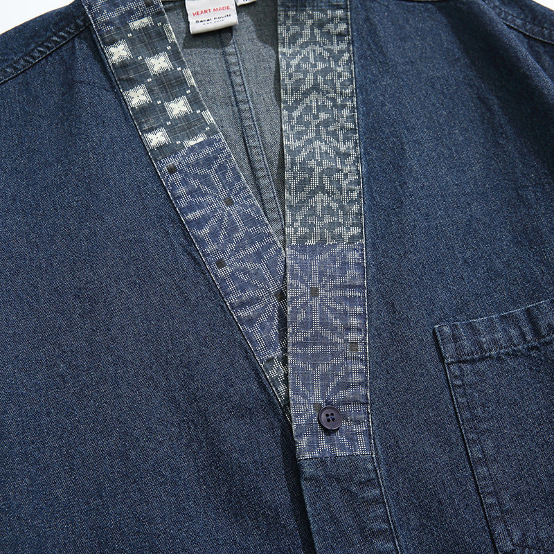 Plain washed denim collarless jacket