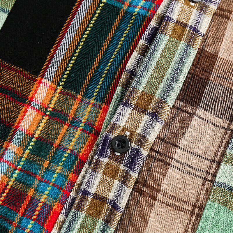 Reconstructed multi-colored irregular patchwork long-sleeved shirt