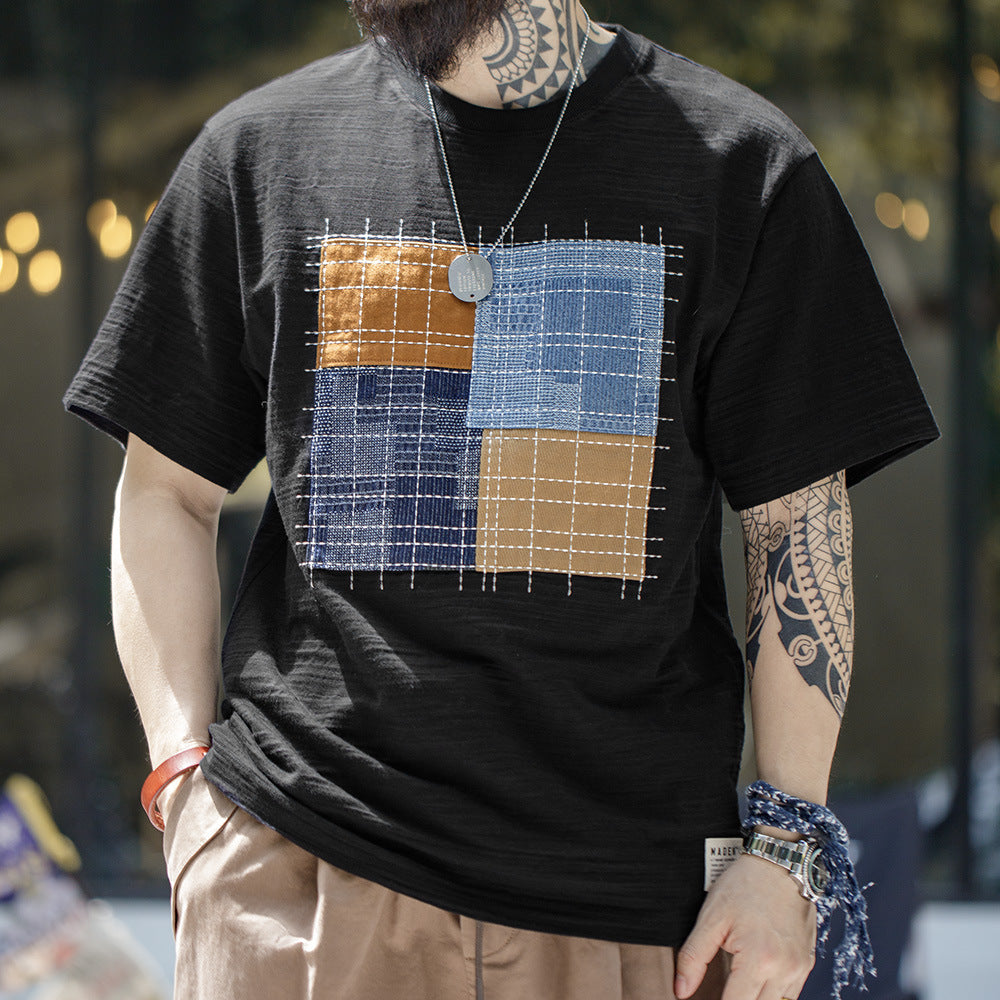 Irregular patchwork cotton tee with sashiko stitching