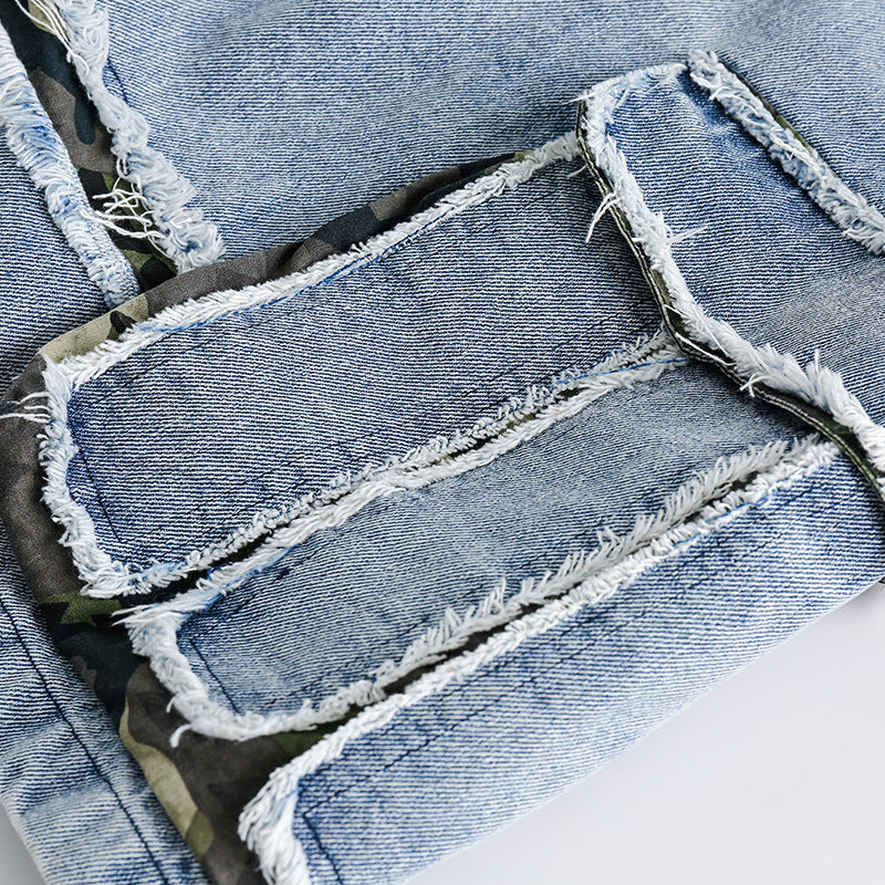 Multi-pocket distressed washed denim shorts
