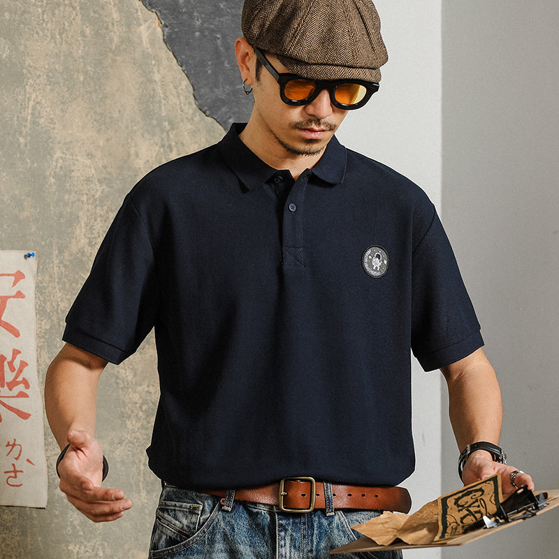 Retro British style plain folded neck polo shirt