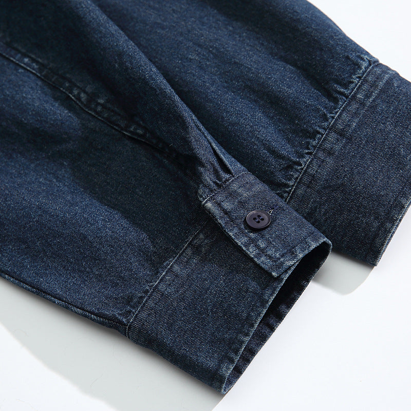 Plain washed denim collarless jacket