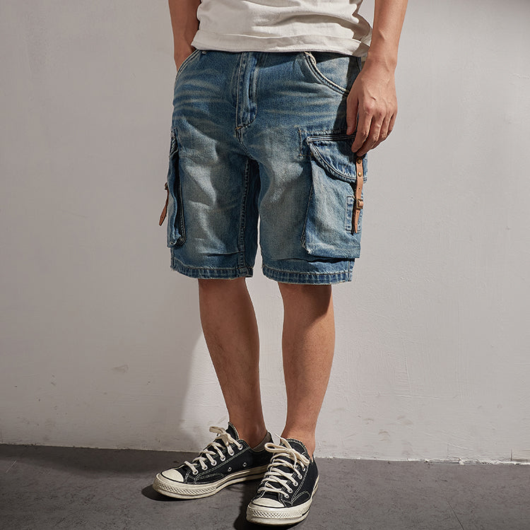 1970s washed denim shorts with leather buckle