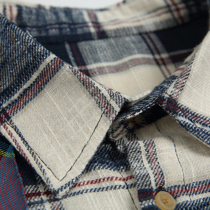 Reconstructed two-piece vintage check pattern combination shirt