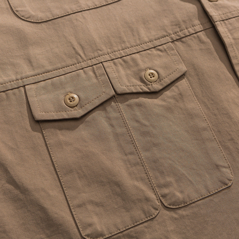 Plain multi-pocket work short-sleeved shirt