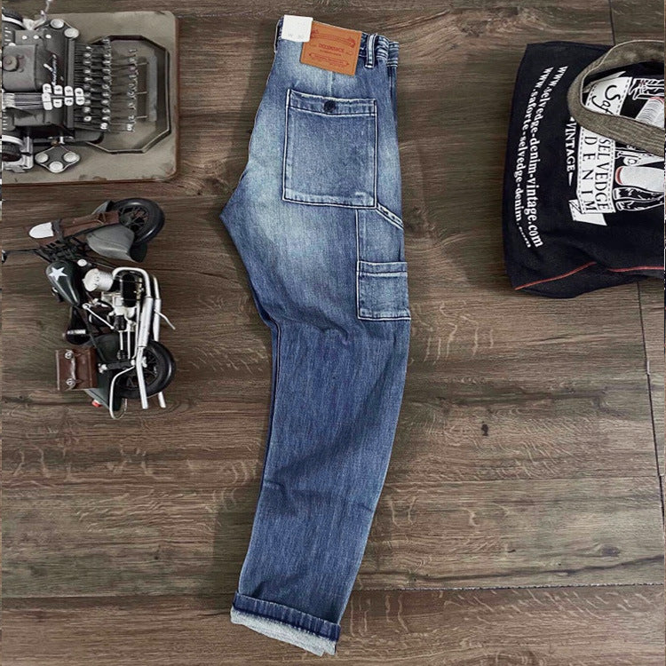Whiskered and washed patch pocket denim pants