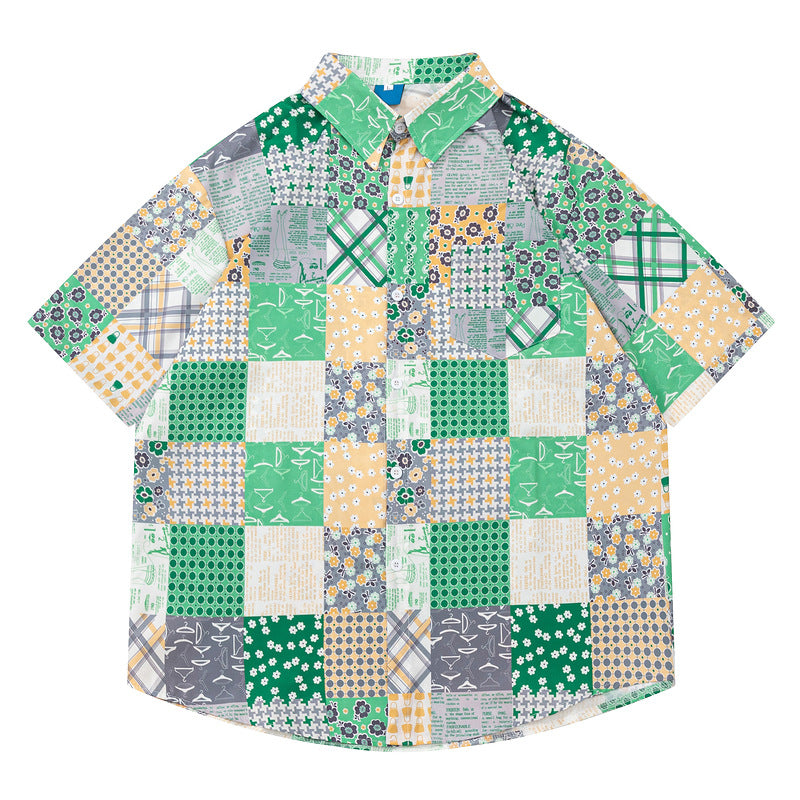 Retro color scheme all-over Hawaiian short-sleeved shirt