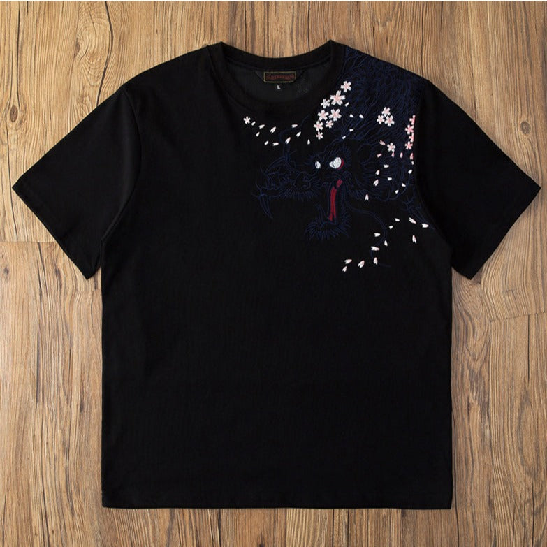 Yokosuka Dragon and Cherry Blossom Embroidered Short Sleeve T-Shirt