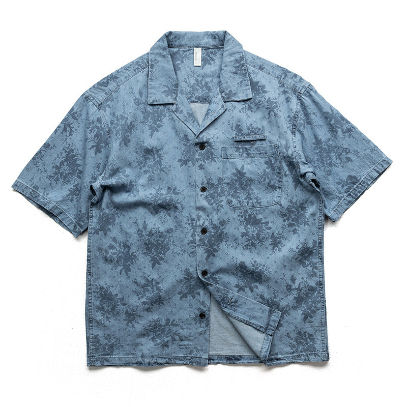 Denim blue all-over print short-sleeved shirt