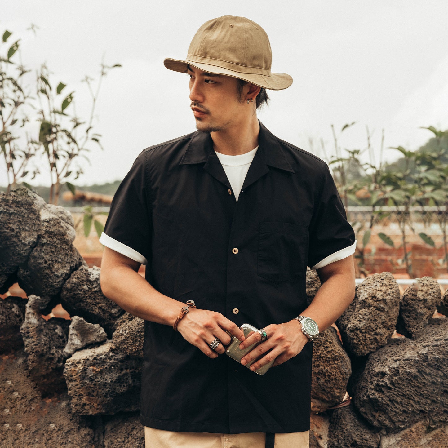 Solid Cuban collar print short sleeve shirt
