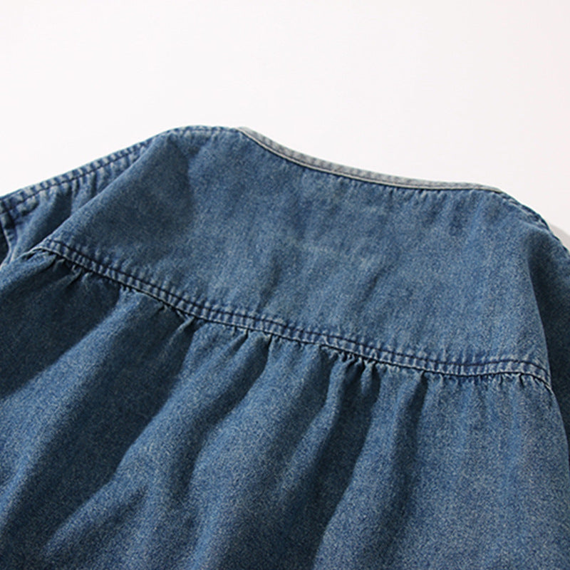 Color-coordinated button collarless denim jacket