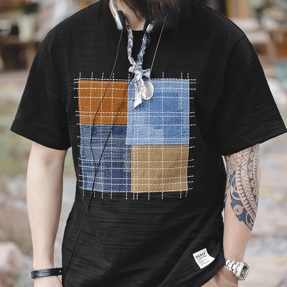 Irregular patchwork cotton tee with sashiko stitching