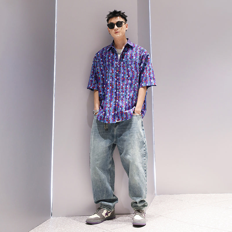 Purple graffiti all-over print aloha short-sleeved shirt
