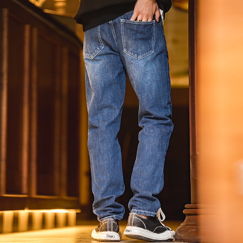 Straight slub denim pants with back cinch