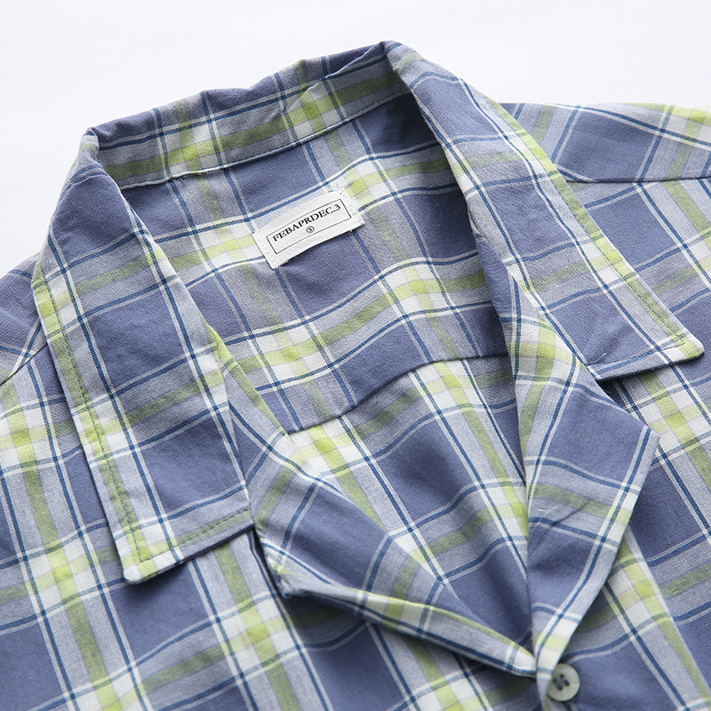 Classic checkered fold-over neck short-sleeved shirt