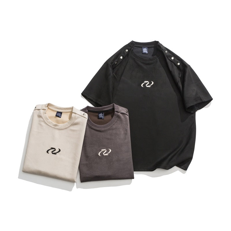 Embroidered rivet suede American casual T-shirt