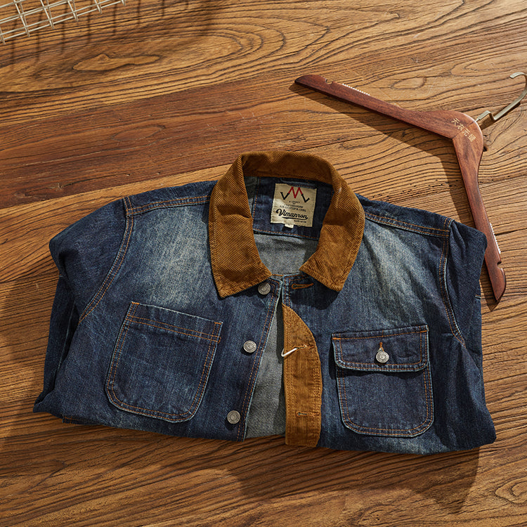 Corduroy-trimmed washed denim jacket