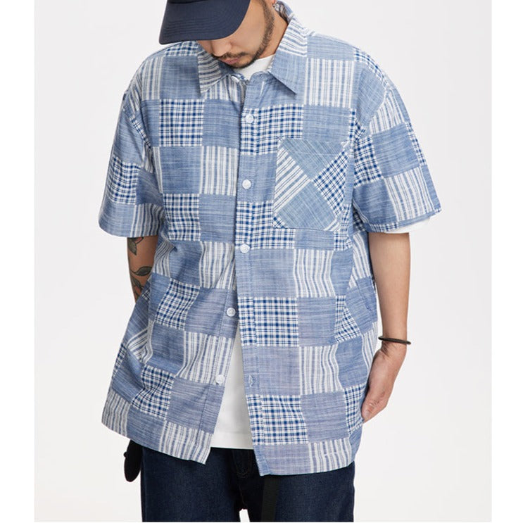 Check and stripe short-sleeved shirt