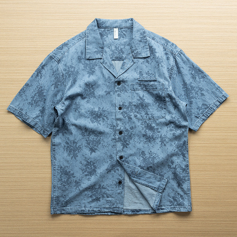 Denim blue all-over print short-sleeved shirt