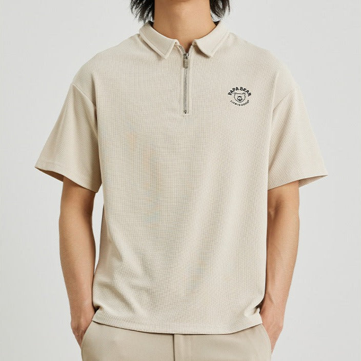 Embroidered Zipper Classic Polo Shirt