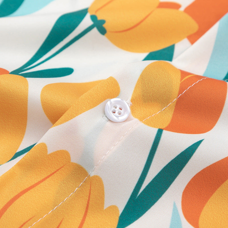 Holiday style tulip print short sleeve shirt