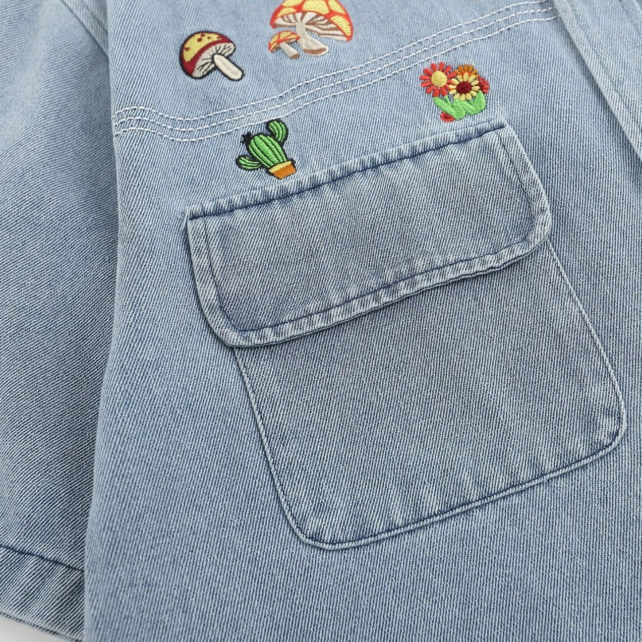 Distressed wash embroidered retro denim short sleeve shirt