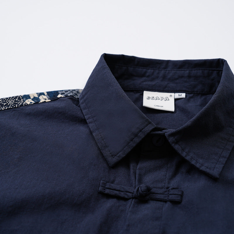 Vintage-style all-over pattern Chinese button-down shirt