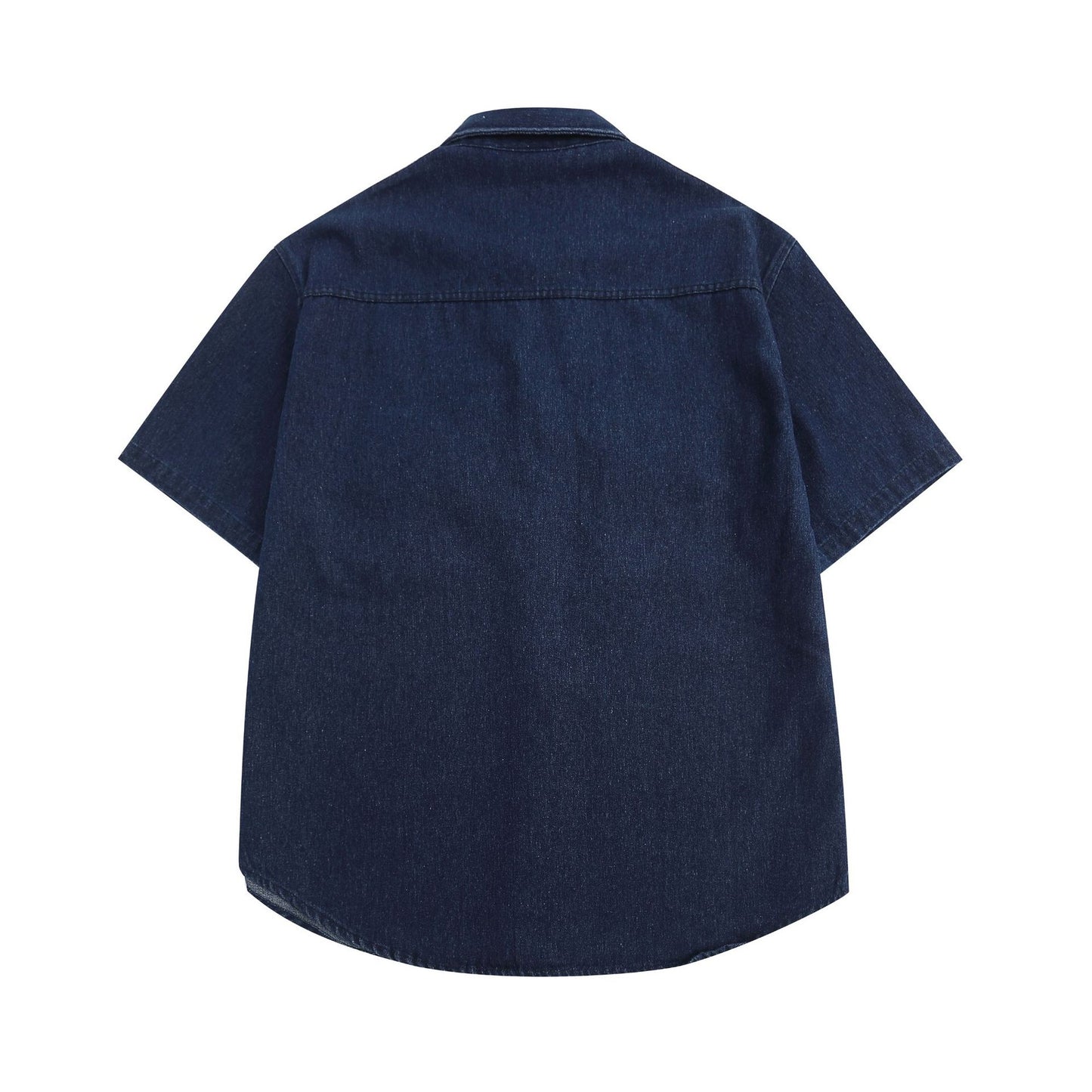 Distressed wash embroidered retro denim short sleeve shirt