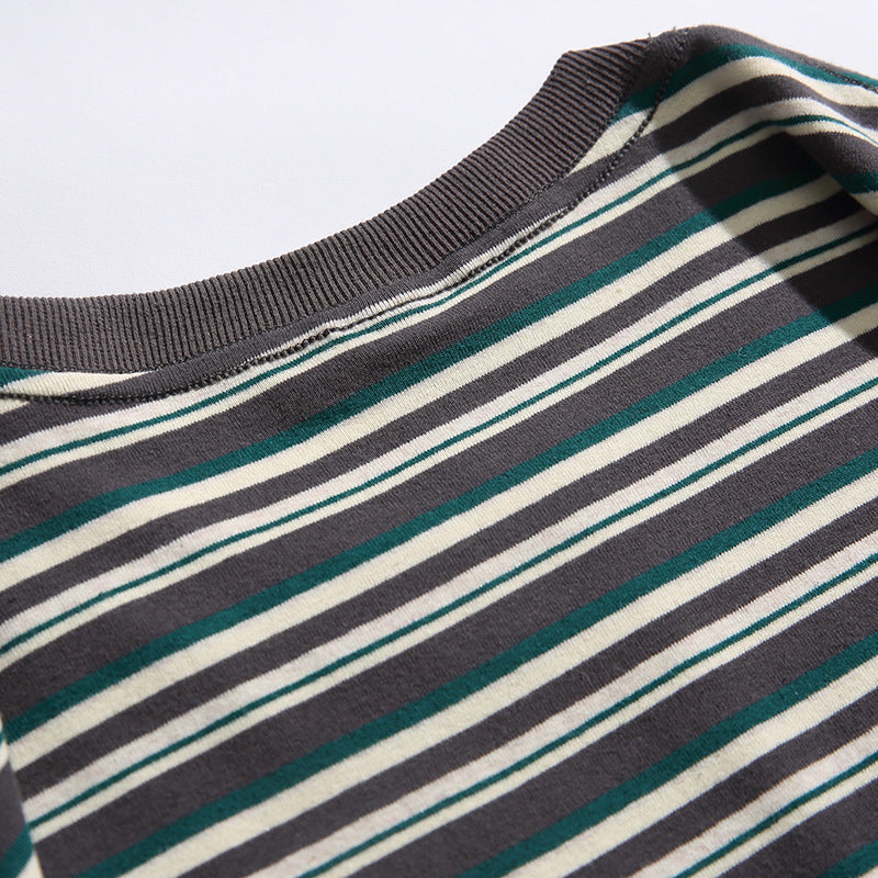Retro Embroidered Horizontal Stripe Pocket T-Shirt