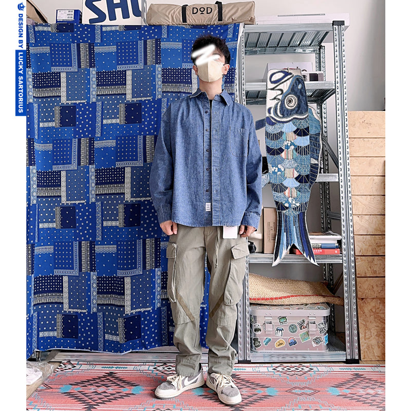 Elbow patch checkered indigo dyed shirt