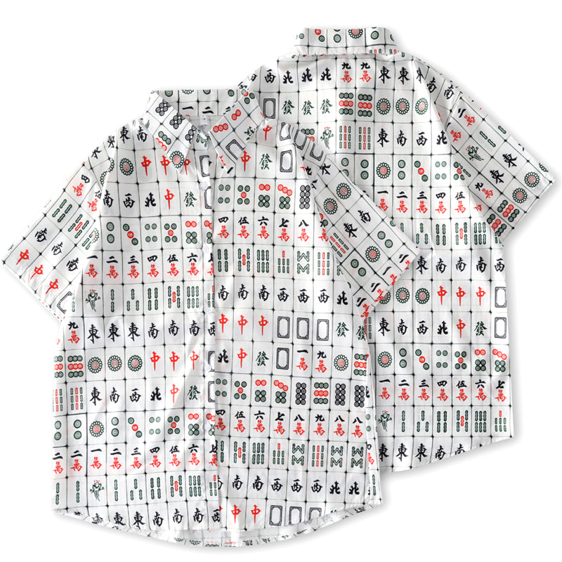 Mahjong print all-over breathable lightweight open-collar shirt