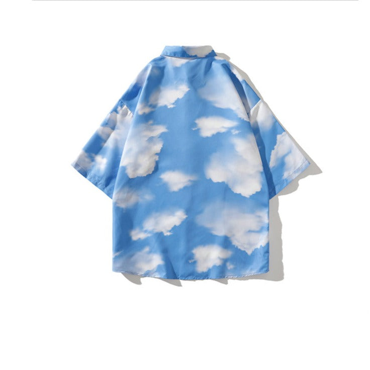 青い空と白い雲プリント半袖シャツ