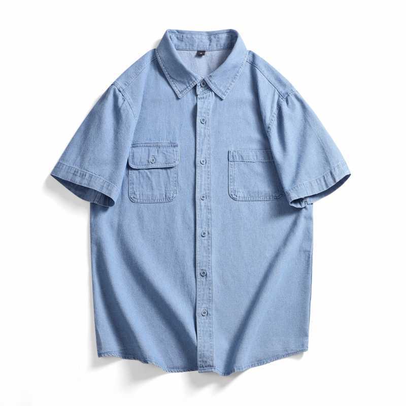 Classic plain denim short-sleeved work shirt