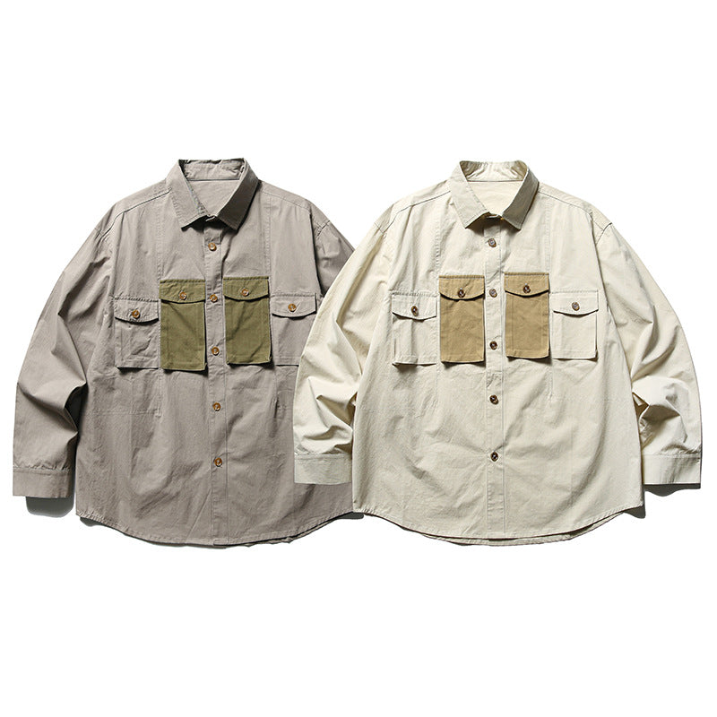 Fashionable color matching multi-pocket long-sleeved shirt