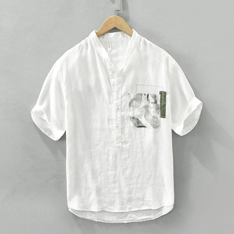 Color-coordinated stand-collar linen shirt